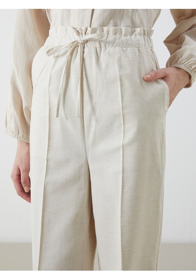 Lcw Modest Ekru Beli Lastikli Keten Karışımlı Kadın Pantolon
