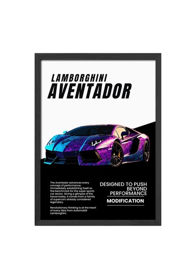 Lamborghini Aventador Siyah Ahşap Çerçeveli Poster, Dekoratif Araba Duvar Tablosu