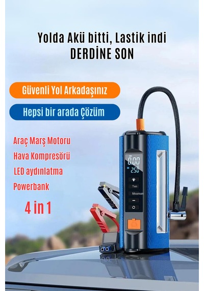 Aimod Airpro 4 In 1 Şarjlı Akü Ateşleyici Hava Kompresör Lastik Şişirici Powerbank 5 Çeşit Led Işık