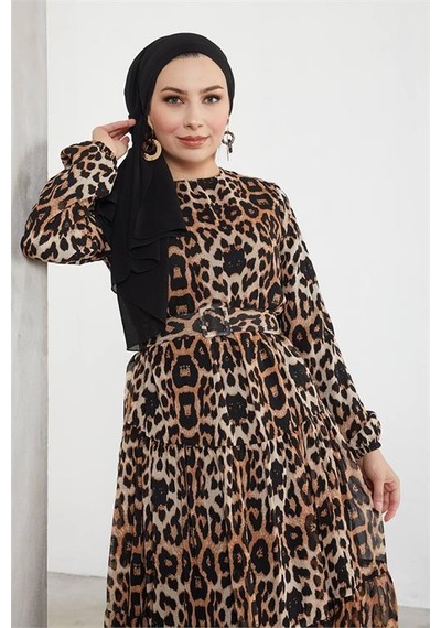 Neşeli Butik Kadın Şifon Kemerli Tesettür Elbise Sms027 Siyah