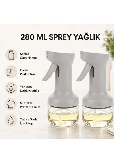 2 Li 280 Ml Cam Sprey Yağlık Seti, Tetikli Püskürtmeli Yağ Ve Sirke Şişesi, Salata Mutfak Ve Airfryer Kullanımına Uygun Çok Renkli