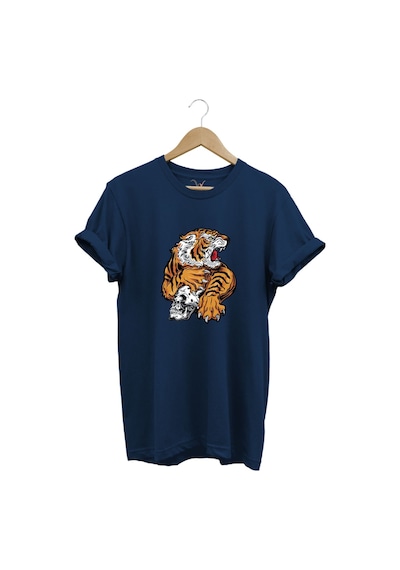 Vahşi Kaplan Tasarım Ve Kuru Kafa Baskılı %100 Pamuk Regular Fit Bisiklet Yaka Lacivert T-shirt Lacivert