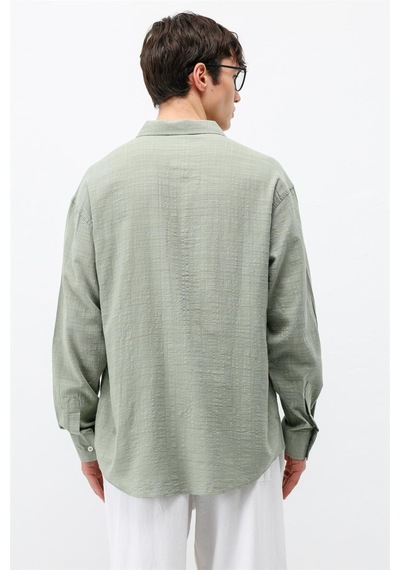 Vamos Dokulu Keten Görünümlü Oversize Gömlek Haki