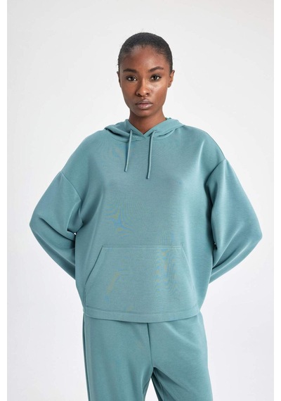 DeFacto Fit Oversize Geniş Kalıp Premium Kapüşonlu Kanguru Cepli Sporcu Kadın Sweatshirt - Yeşil B5206AX24SPGN1191