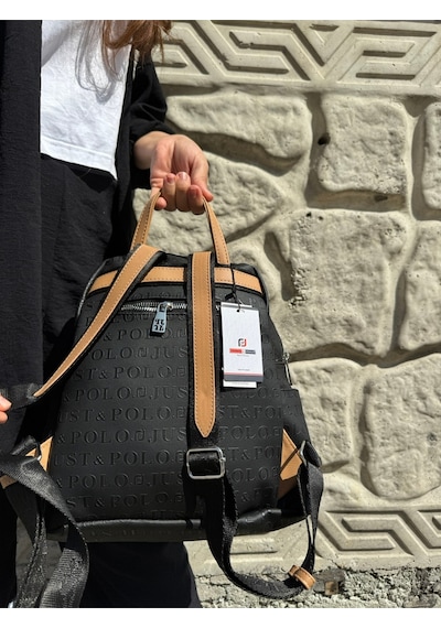 Just Polo Kadın Siyah Camel 9 Gözlü Büyük Boy Sırt Çantası Siyah - Camel