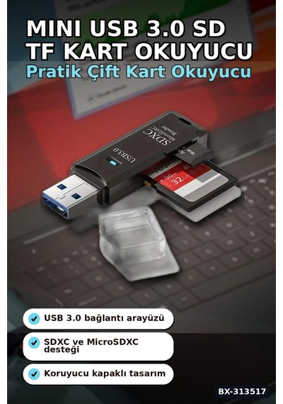 Mini Usb 3.0 Sd Tf Kart Okuyucu Hub Adaptör - 1 Adet Kompakt Veri Aktarıcı Pc Tablet İçin Bx-313517 Çok Renkli