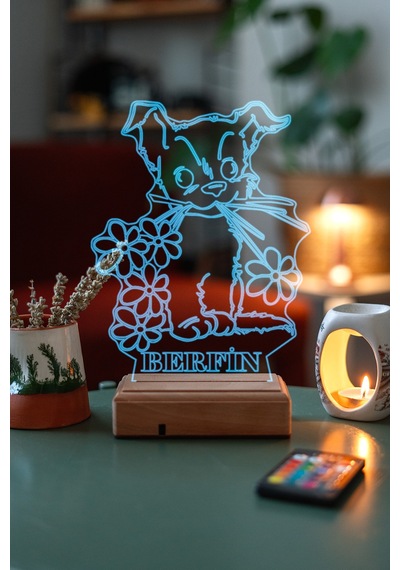 Kişiye Özel 3D Tatlı Köpek Ve Çiçekler Masaüstü Led Lamba
