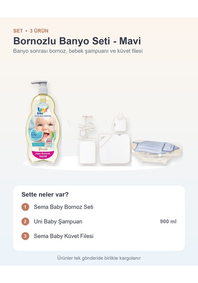 Bornozlu Banyo Seti 3 Parça: Bornoz Seti + Uni Baby Şampuan + Küvet Filesi - Mavi