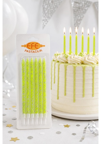 Neon Yeşil Gümüş Simli Uzun Pasta Mumu 17 Cm Karışık