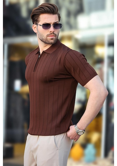 Madmext Madmext Kahverengi Polo Yaka Fermuarlı Erkek T-shirt E7298 Kahverengi