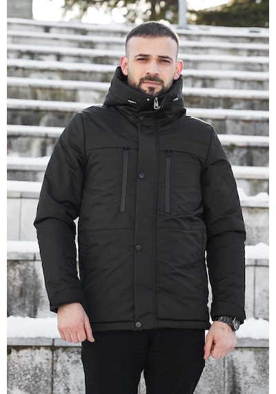 Spor Erkek Polarlı Kürklü Su Ve Rüzgar Geçirmez Kapüşonlu Mont Parka-100 Siyah