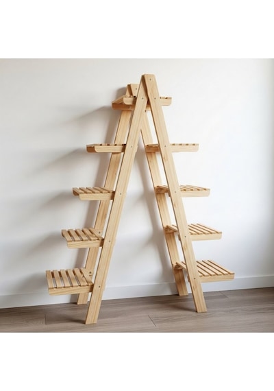 Wooddecor 5 Katlı Ahşap Merdiven Çiçeklik - 120x100 Cm Geniş Raf Standı Bej