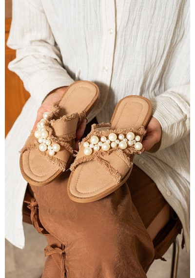 Dabab Shoes Mırella Kadın İncili Hasır Dokulu Düz Şık Taba Terlik