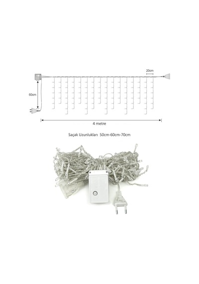TechnoSmart 4 Metre 8 Fonksiyonlu Perde Led 96 Ledli Saçaklı Kablolu Fişli 50 x 60 x 70 CM Diğer