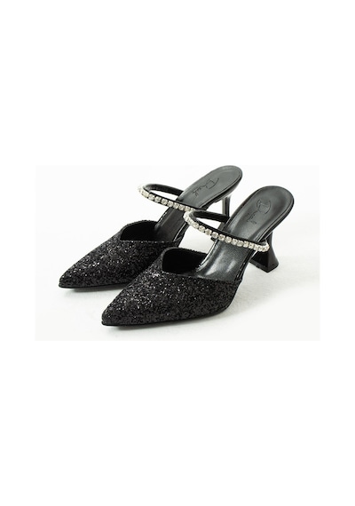Duxal Shoes Casey Cam Kırıntıları Taş Detaylı Arkası Açık Topuklu Ayakkabı Siyah