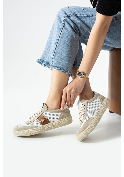 Dericia Shoes Bloom Hakiki Deri Günlük Rahat Kadın Sneaker Bej
