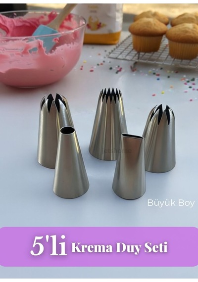Cupcake, Ekler, Pasta Ve Kurabiye Duyu 5 Li Büyük Boy Paslanmaz Çelik Dekoratif Krema Duy Seti Set-3 Metalik Gri
