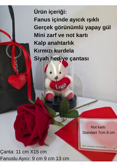 Sevgililer Günü Hediyesi - Işıklı Fanus İçinde Sevimli Ayıcık - Işıklı Fanus 9x13 Cm Hediye Kalp Anahtarlık Ebat-9X13 Cm