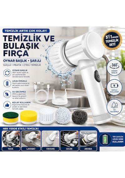 Şarjlı Elektrikli Temizlik Ve Bulaşık Fırçası 5 Başlıklı 360 Oynar Başlık, Çok Amaçlı Mutfak Banyo Fayans Lavabo Temi