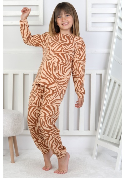 Kaplan Desenli Kız Çocuk Pijama Takımı Kahverengi