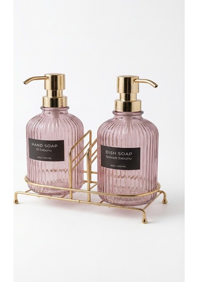 Buççin Online Mağaza Pembe 2'li Cam Sabunluk/deterjanlık, 500 Ml, Altın Renk Metal Stantlı, 21,5x9x23 Cm Cam Pembe Çok Renkli