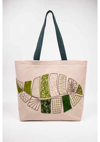 Fabric Craft Bag Omuz Çantası Duck Kumaş Patchwork Sashiko El İşlemeli Astarlı Telalı Günlük Çanta 44x34 Cm Acı Kahverengi - Bej