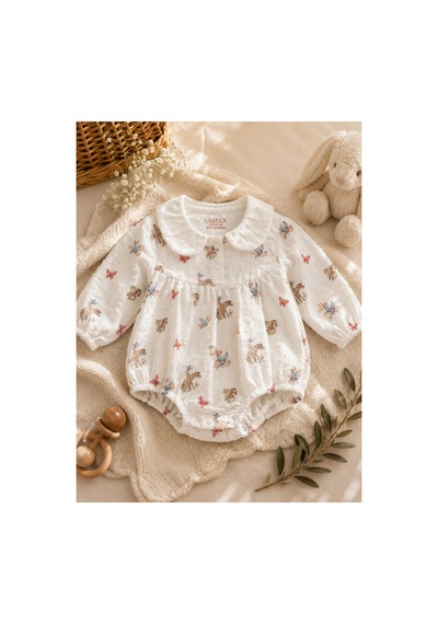 Omeca Concept Kız Bebek Bambi Desenli Uzun Kollu Yakalı Body Zıbın Beyaz