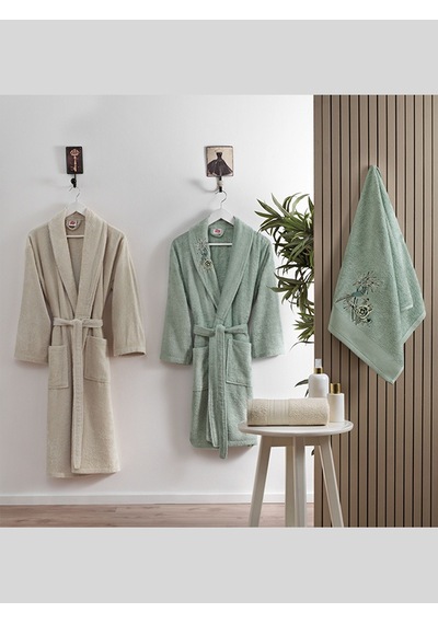 Taç Soft Bambu Aile Bornoz Seti Spring Yeşil-Kahverengi