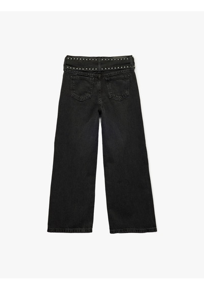 Koton Kemerli Zımba Detaylı Pamuklu Geniş Paça Denim Pantolon Siyah 7wkg40004ad