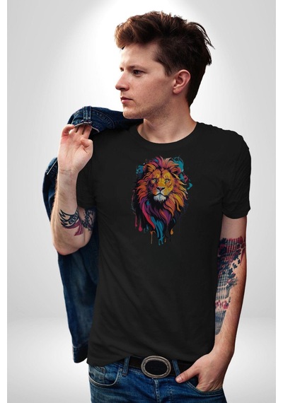 Renkli Yağlı Boya Aslan Unisex Unisex Siyah Organik Baskılı T-shirt Penye Yüksek Kalite Siyah