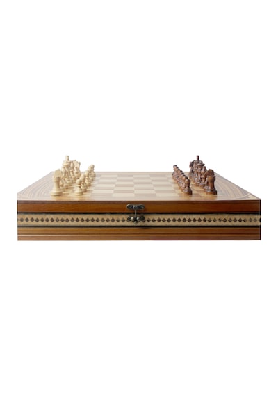 El Yapımı Lüks Nakış İşlemeli Doğal Ahşap Sandıklı Premium Satranç Takımı 45x45 Cm. Hediyelik Set 1