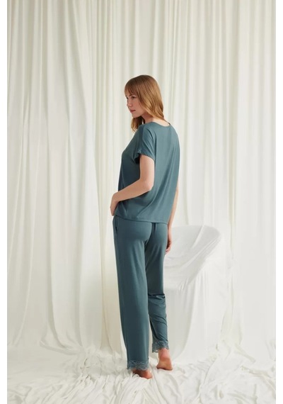 Mega Fair Kısa Kollu V Yakalı Dantelli Pijama Takımı Yeşil