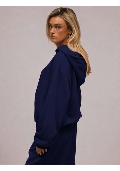 Macklin Unisex Kadın Erkek Baskısız Rahat Kalıp Oversize 3 İplik Kapüşonlu Hoodie Ve Baggy Eşofman Altı Lacivert