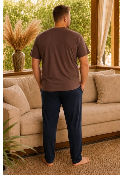 Nisanca Büyük Beden %100 Pamuk Erkek Pijama Takımı 3xl-6xl Rahat Kalıp Kısa Kollu Ev Giyim Kahverengi