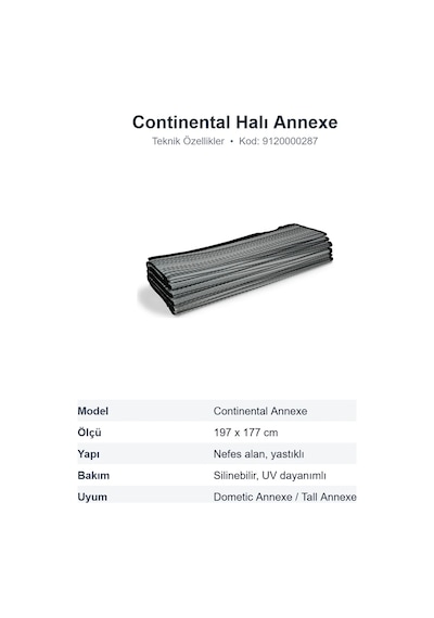 Dometic Continental Annexe Yan Oda Halısı, Nefes Alan Karavan Çadır Halısı 197x177 Cm 9120000287