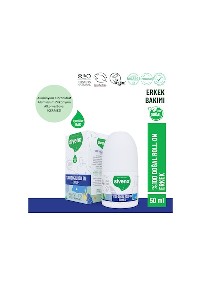 Siveno %100 Doğal Roll On Erkek Deodorant Ter Kokusu Önleyici Bitkisel Leke Bırakmayan Vegan 50 ML