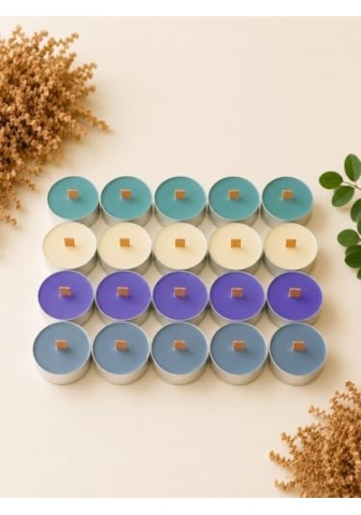 Sedefli Ahşap Fitil Tealight Mum Seti 20 Adet - Sandal Ağacı Kokulu, Yeşil, Sarı, Mor, Gri Renkli Diğer