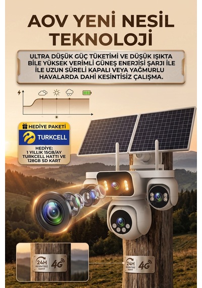 4 Kameralı Solar Panelli Güneş Enerjili Uzaktan Kontrol ,7/24 Aralıksız Kayıt, 2 Solar Panel,aı