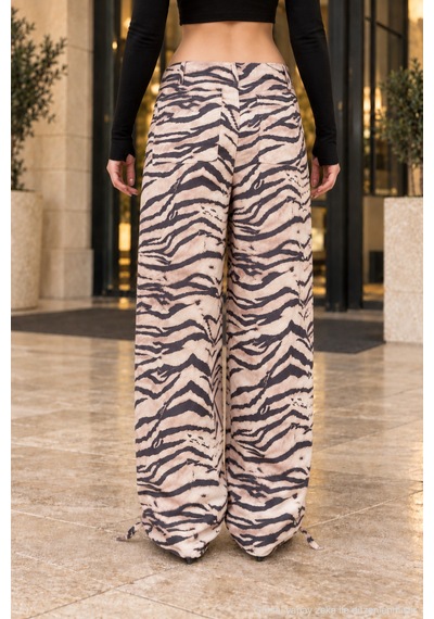 Polo State Kadın Krem Bej Zebra Desenli Bel Ve Paça Bağcıklı Bol Paça Pantolon