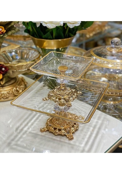 Elta Collection Paşabahçe 2 Li Kare Döküm Ayaklı Pasta Sunumluk Kurabiyelik Altın