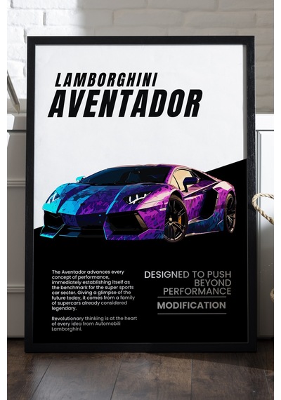 Lamborghini Aventador Siyah Ahşap Çerçeveli Poster, Dekoratif Araba Duvar Tablosu