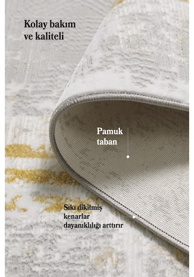 Modern Tasarımlı Pamuk Tabanlı Karo Mermer Desenli Saçaklı Altın Renkli Halı Altın