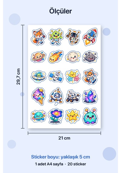Galaksi Macerası 20 Adet Mini Uzay Sticker Çıkartma A4 Kırtasiye Etiketi Çok Renkli