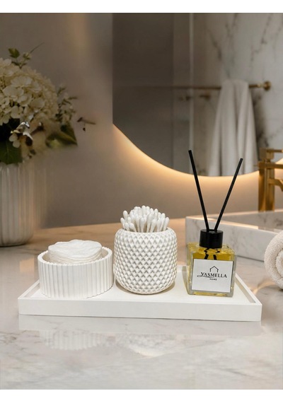 Minimal Beyaz Banyo Seti + Pamukluk + Kulak Çubuğu Kabı + Soft Romantica Difüzör + Dekoratif Tepsi