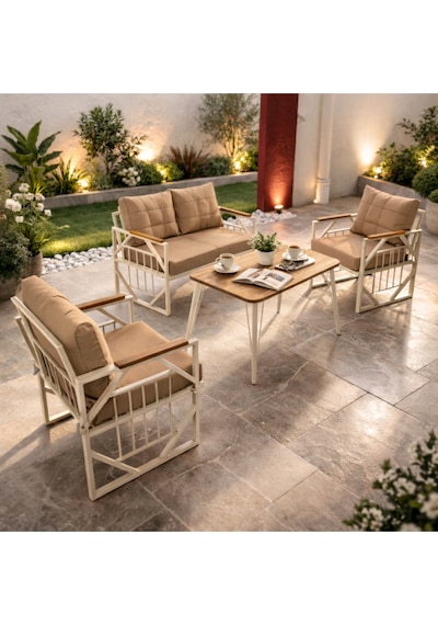 Violet Krem 2+1+1 Masalı Kahve Bahçe Oturma Grubu Minderli Metal Ahşap Detaylı Balkon Teras Takımı Bej Violet Krem 2+1+1 Masalı Kahve Bahçe Oturma Grubu Minderli Metal Ahşap Detaylı Balkon Teras Takımı Bej