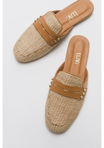Luvishoes 165 Hakiki Deri Taba Hasır Kadın Terlik Taba