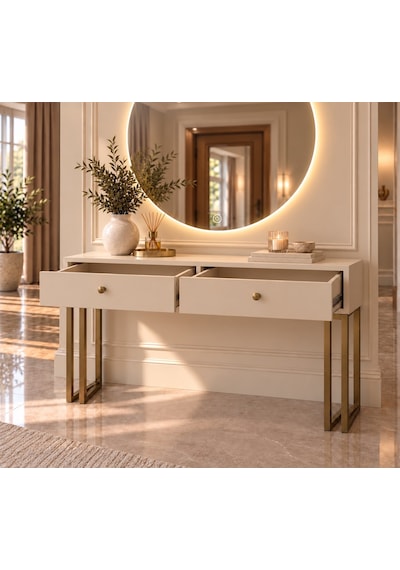 Metal Ayaklı Led Aynalı 2 Çekmeceli Dresuar - Bej Mdf Metal Ayaklı Led Aynalı 2 Çekmeceli Dresuar - Bej Mdf