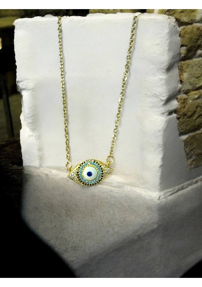 Zirkon Taşlı Göz Figürlü Kadın Kolye 55 Cm Gold Renk Paslanmaz Çelik, Şık Ve Anlamlı Tasarım Çelik