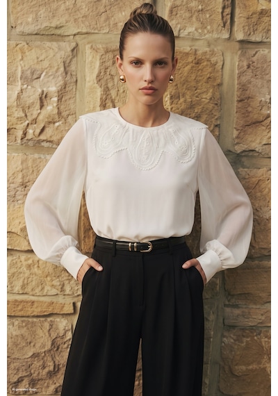 Sateen Yaka Detaylı Bluz - Ekru-137866