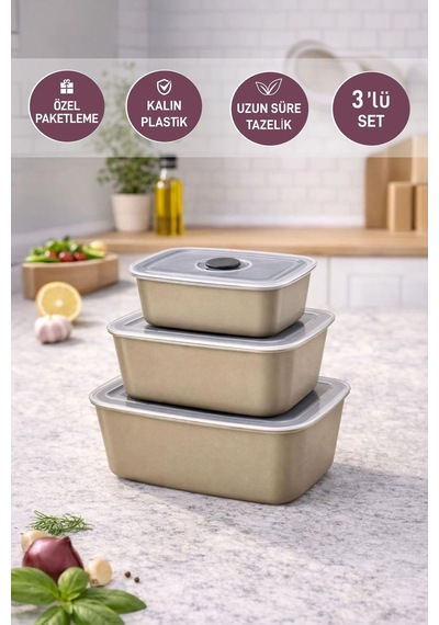Selka Home 3'lü Vakum Kapaklı Saklama Kabı Ekru
